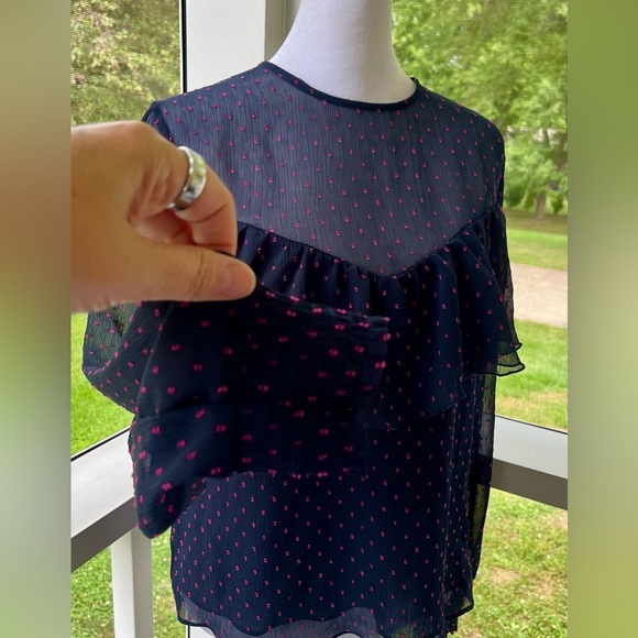 Express Sheer Navy Sleeve Blouse Hot Pink Polka Dots & Ruffle Detail - Size M - Picture 4 of 8